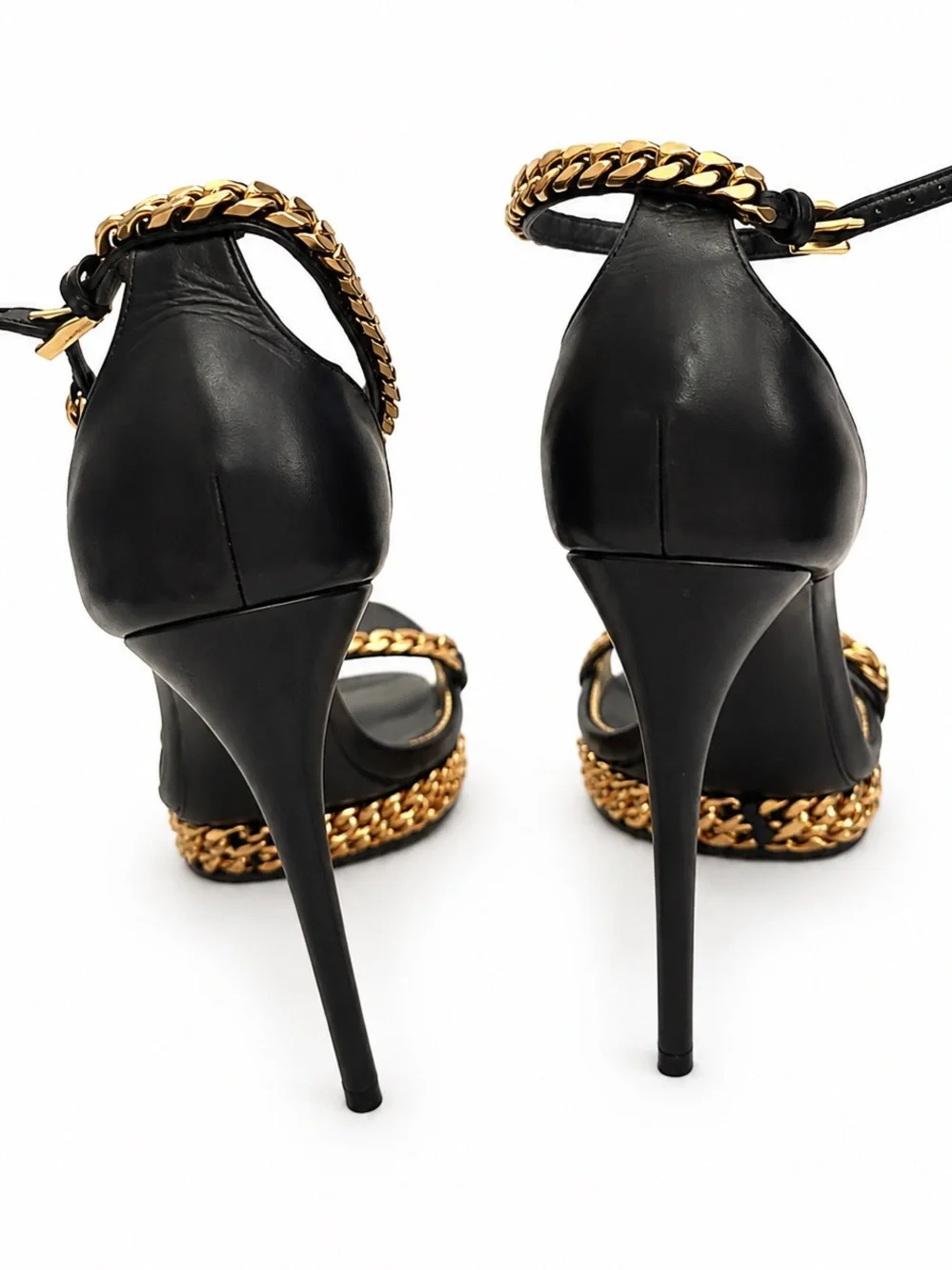 Tom Ford Black Leather High Heel Sandals with Gold Chain Trim
